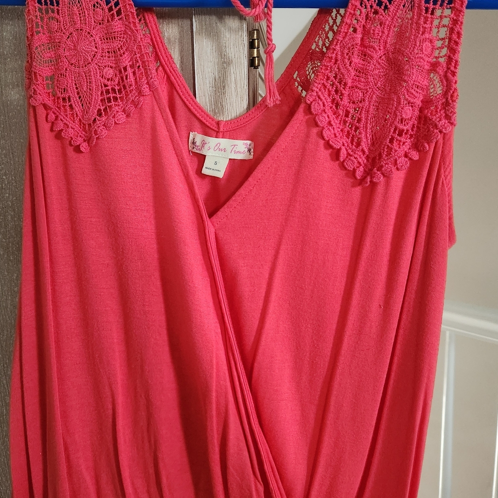It's Our Time Pink Wrap Blouse with Lace Trim